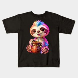 Cute Sloth: Kawaii Girl Yerba Mate Tea Lover with Food Lover Bombilla Kids T-Shirt